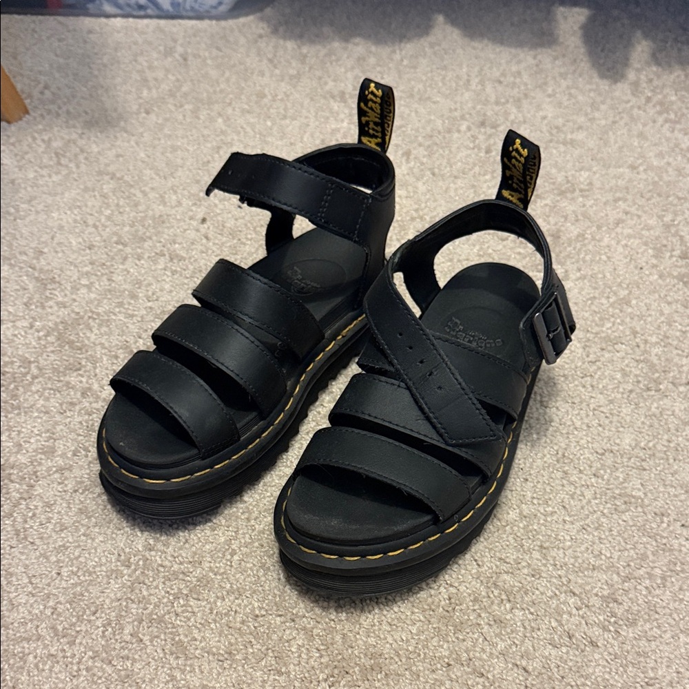 Dr. Martens Kids Black Multi-Strap Sandals with Yellow Welt Stitching